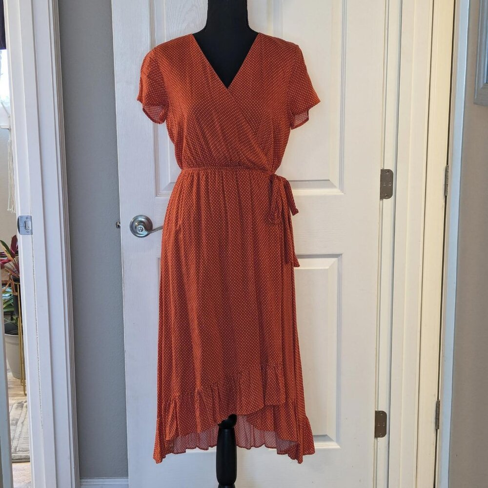 Polagram Orange Polka Dot Faux Wrap Ruffle High-Low Long‎ Dress